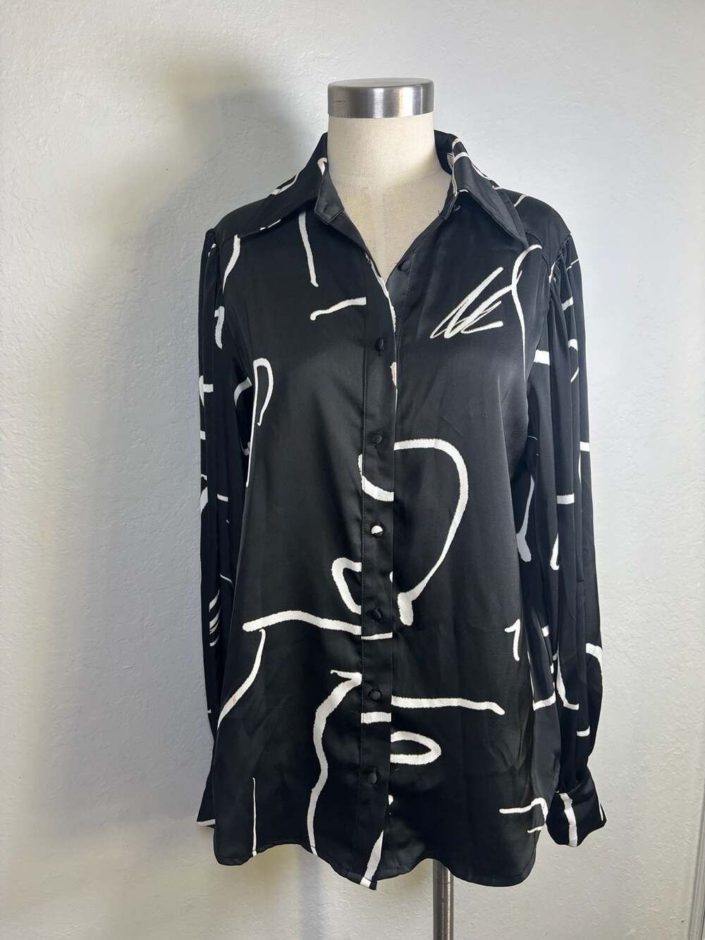 Luxxel Women's Spring Lapel Print Shirts Silk Women's Home Shirts Tops,Black,